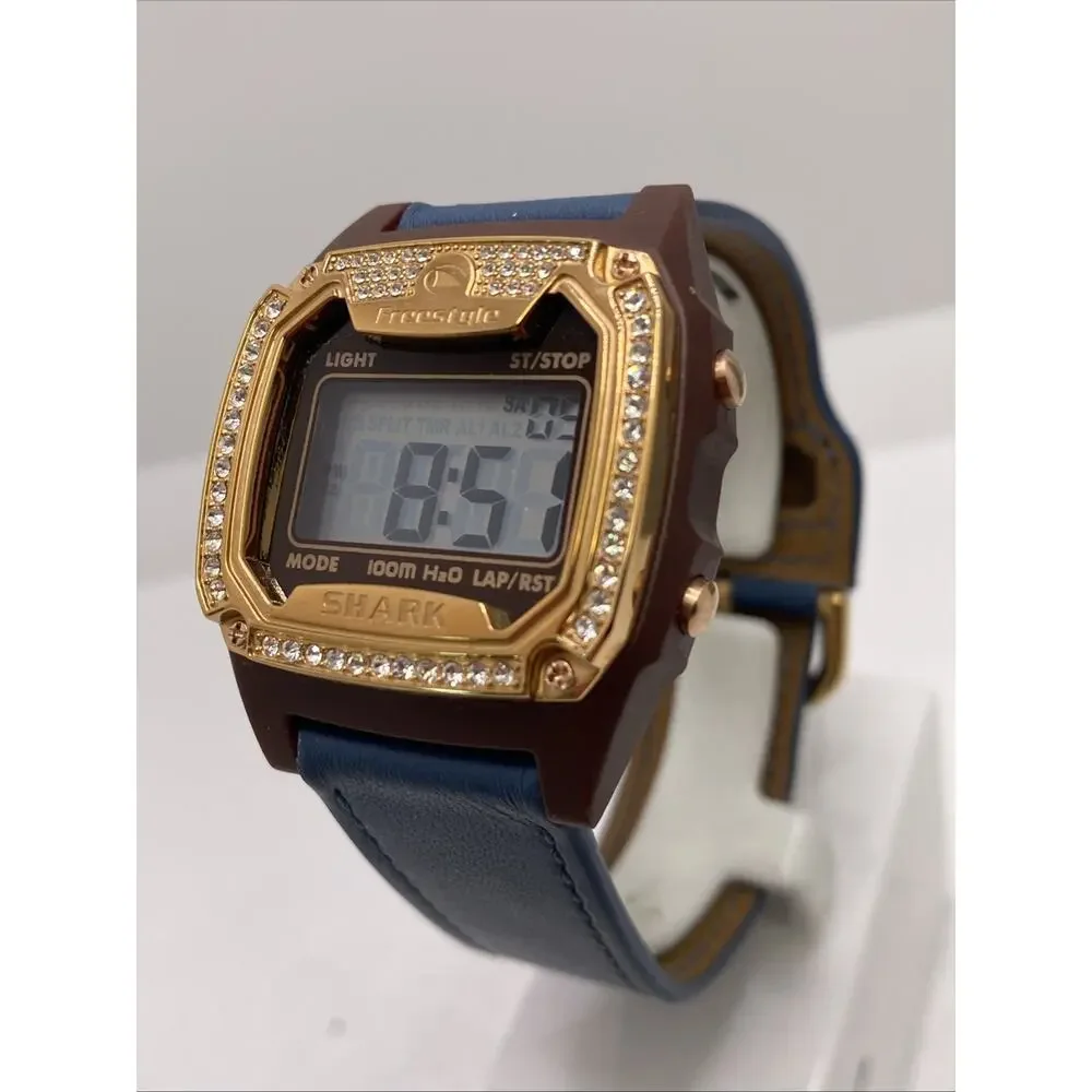 Freestyle Shark Rosegold Rhinestone Blue Leather Band Surfing Watch New Battery